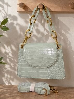 Melie Bianco Sage Green Croc Embossed Mini Chain Crossbody Bag